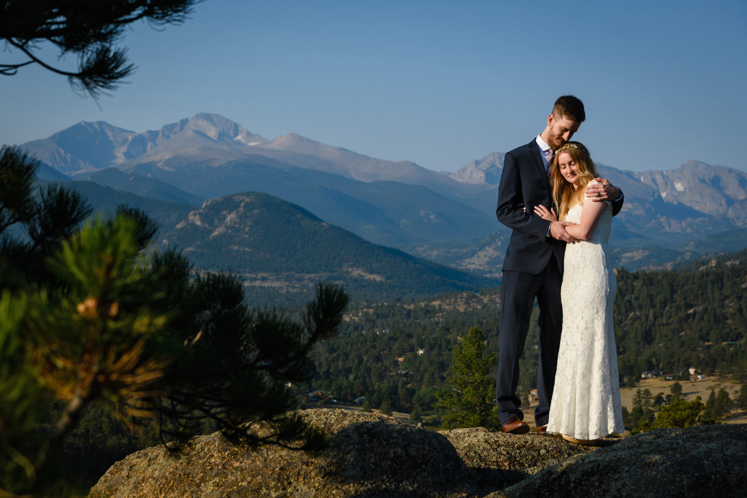 Couple in Rocky Mountain National Park on their wedding day