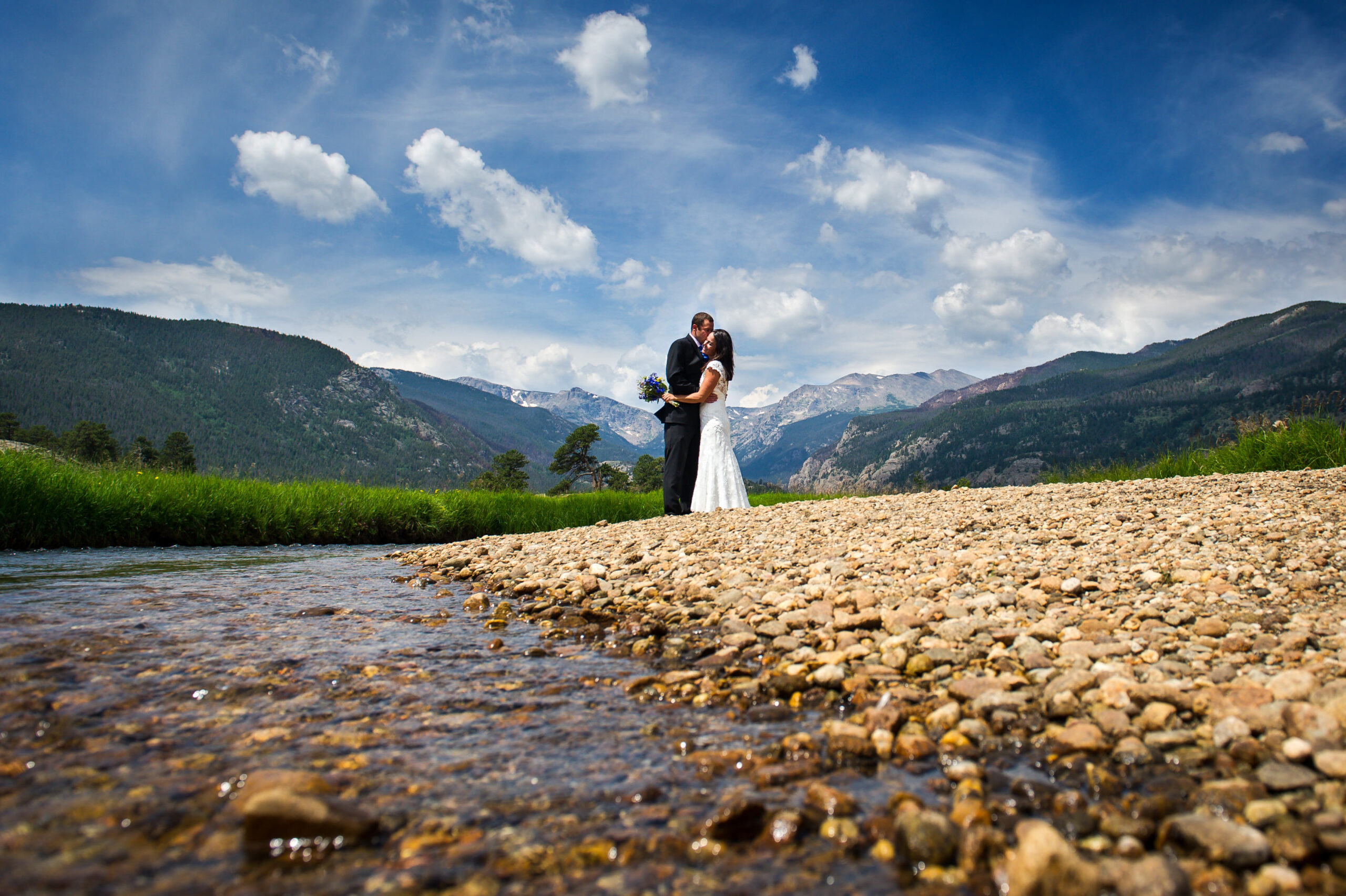 Couple in Rocky Mountain National Park on their wedding day