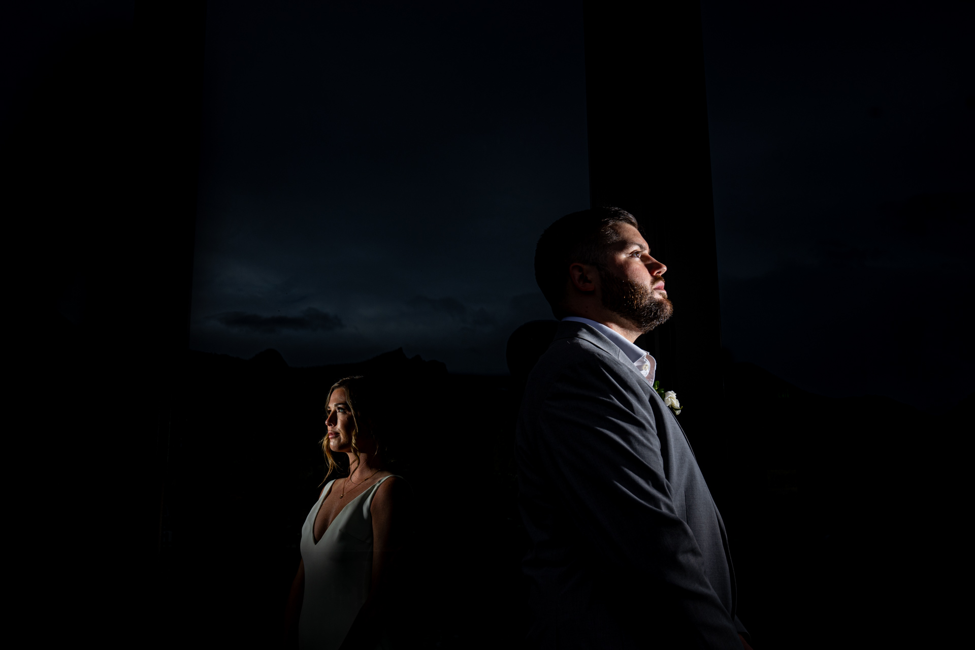 A wedding couple at night in the mountains of Colorado