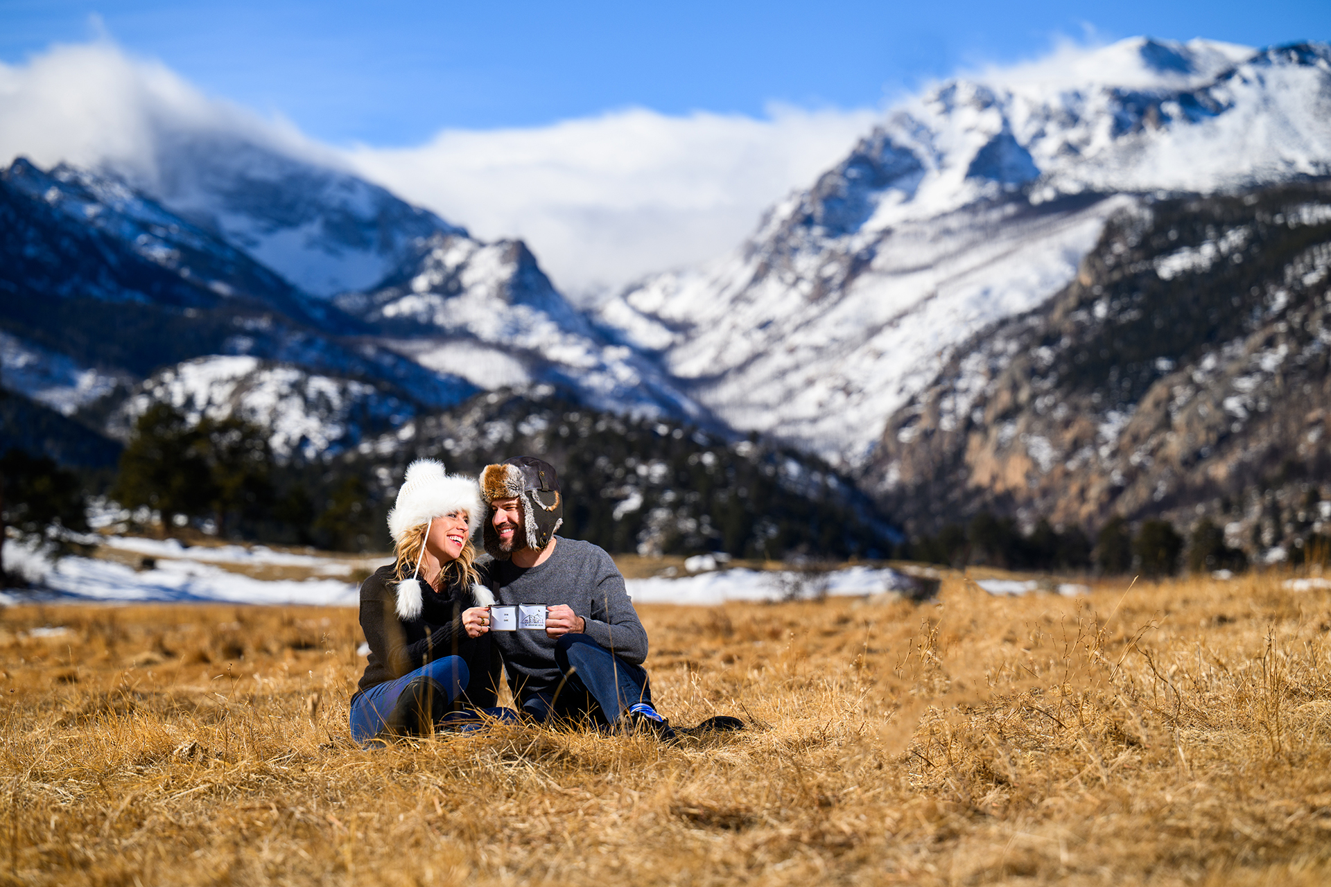 Wedding couple embracing in the mountains of Colorado at Rocky Mountain National Park